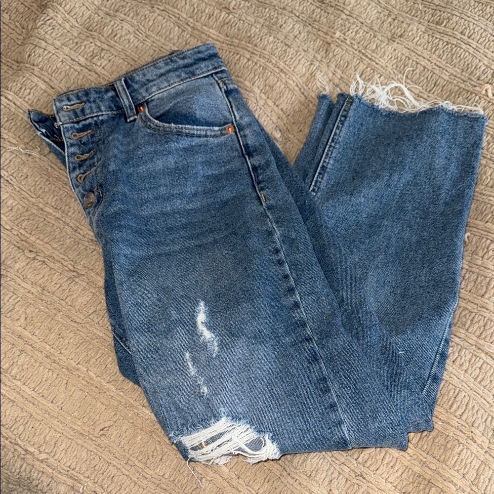 Frayed Hem Blue Denim Jeans
